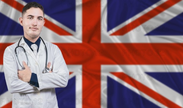 Portrait of medical professional on United Kingdom flag background. British national health system