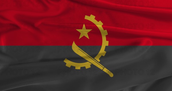 Flag of Angola with fabric textured background. Close up of National flag of Angola with realistic texture