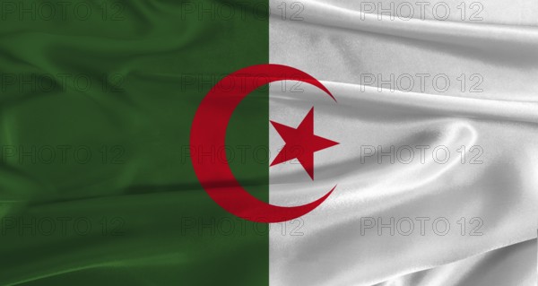 Flag of Algeria with fabric textured background. Close up of National flag of Algeria with realistic texture