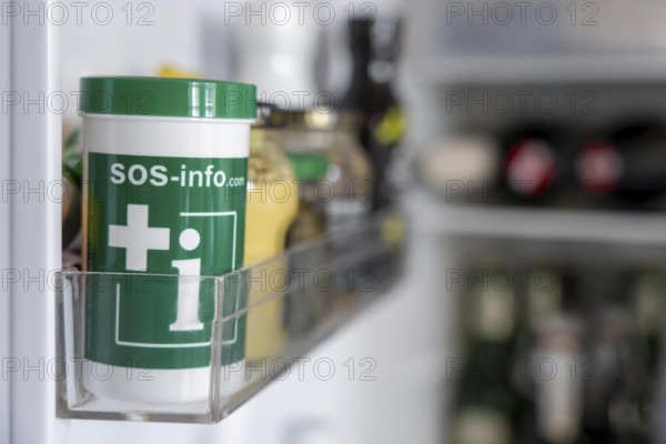 Emergency box in a refrigerator, it contains a comprehensive information sheet which gives emergency services medical information about the patient in an emergency, refrigerator is available in every household, central point for rescuers to receive information about the patient in an emergency, a sticker on the refrigerator door and front door indicates the emergency box