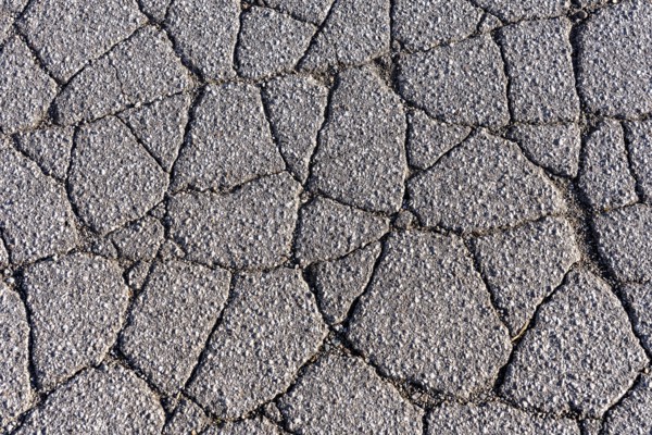 Asphalt surface, floor, with many small cracks, roadway, parking lot