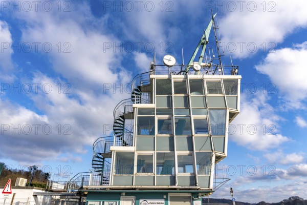 The regatta tower at Lake Baldeney in Essen, as part of the European Capital of Culture Year, RUHR.2010, on the roof of the regatta tower the art installation Time by artist Christoph Hildebrand, North Rhine-Westphalia, Germany