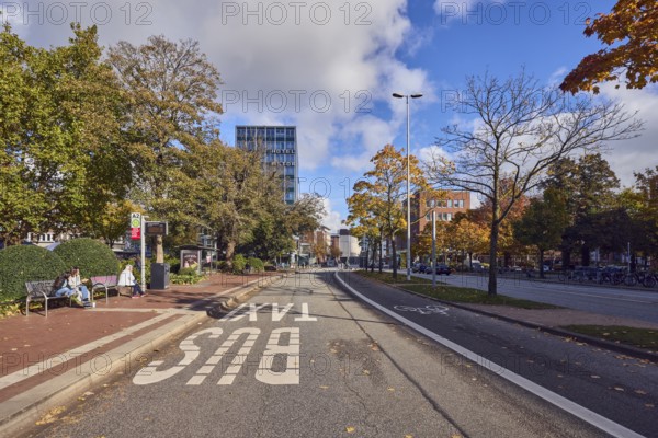 Andreas-Gayk-Straße bus stop, Hotel Astor Kiel by Campanile, bus lane, taxi lane, lantern, modern architecture, high-rise building, road marking bus, taxi and bike path, waiting bench, people waiting for means of transport, trees, autumn leaves, blue sky, cumulus clouds, Andreas-Gayk-Straße, Kiel, state capital, district-free city, Schleswig-Holstein, Germany