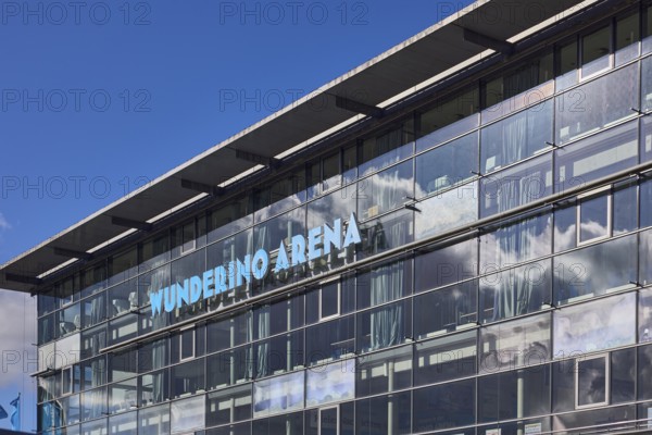 Wunderino Arena multi-purpose hall, glass façade, blue sky, cumulus cloud, Europaplatz, Kiel, state capital, district-free city, Schleswig-Holstein, Germany