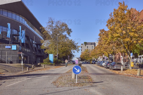 Wunderino Arena multi-purpose hall, general architecture, advertising flag on flagpoles, barrier bollard, central island, road sign prescribed direction of travel right past, lantern, cyclist as secondary motif, blue sky, cloudless, intersection of Kleiner Kuhberg with Europaplatz, Kiel, state capital, district-free city, Schleswig-Holstein, Germany