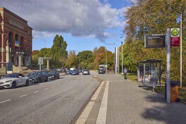 Bus stop Rathaus - Opernplatz, public transport, public transport, vehicles, parking strips, sidewalk, lanes, street, opera house, brick building, lantern, trees, blue sky, cumulus clouds, Rathausstraße, Kiel, state capital, district-free city, Schleswig-Holstein, Germany