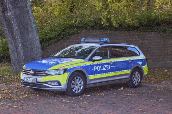 Police car, Volkswagen, VW, brick wall, tree, meadow, sunny, Kiel, state capital, district-free city, Schleswig-Holstein, Germany