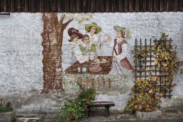Drinking scene at the time of the Musketeers 17th century, painting on a façade of a farmhouse, Morschreuth, Upper Franconia, Bavaria, Germany