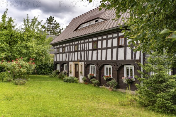 Typical half-timbered building near Jonsdorf, Zittau Mountains, Upper Lusatia, Saxony, Germany
