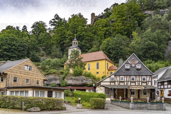 Castle cellar and baroque mountain church in Oybin, Zittau Mountains, Upper Lusatia, Saxony, Germany