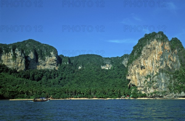 Longtail boat, mountains, Ton Sai beach, two years in front of the tsunami, Krabi, Thailand, December 2002, vintage, retro, old, historic