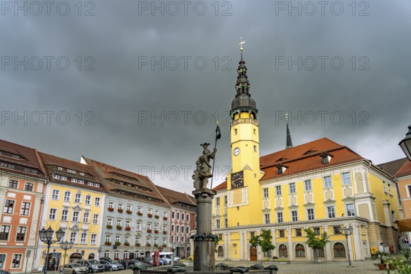 Ritter-Dutschmann-Brunnen and Town Hall on the main market in Bautzen, Upper Lusatia, Saxony, Germany