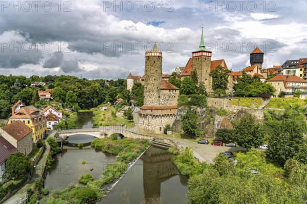 Ortenburg, Alte Wasserkunst, St. Michael's Church, Wasserturm and the Spree in Bautzen, Upper Lusatia, Saxony, Germany