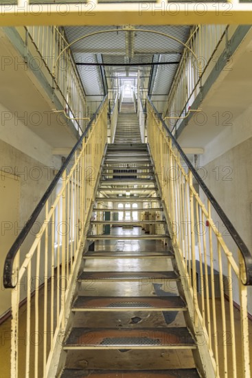 Central staircase in the interior of the former Stasi prison Bautzen II, today a memorial in Bautzen, Upper Lusatia, Saxony, Germany