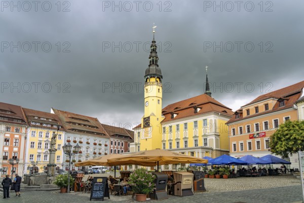 Restaurant and town hall on the main market in Bautzen, Upper Lusatia, Saxony, Germany