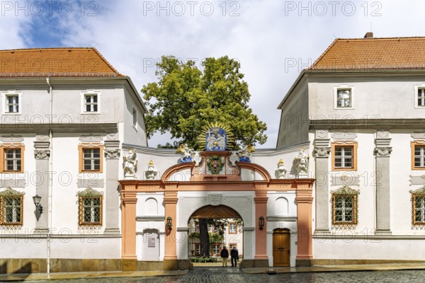 Portal of the Catholic Cathedral Parish Office of St. Peter with the Cathedral Treasury in Bautzen, Upper Lusatia, Saxony, Germany