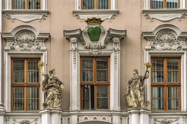 Detail of the baroque Bürgerhaus Hartmannsches Haus on the main market in Bautzen, Upper Lusatia, Saxony, Germany
