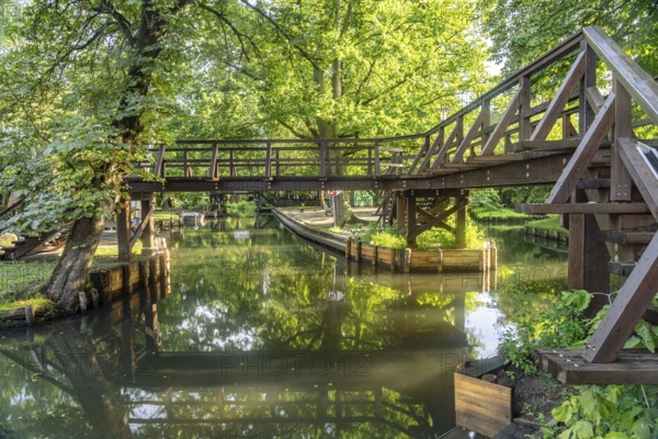 Wooden bridge in the open-air museum near Spreewalddorf Lehde, Lübbenau/Spreewald, Brandenburg, Germany