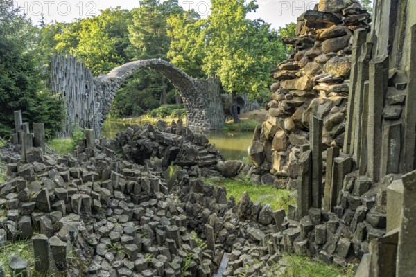 The Rakotz Bridge or Devil's Bridge on Lake Rakotz in the Kromlau Azalea and Rhododendron Park, Upper Lusatia, Gablenz, Saxony, Germany