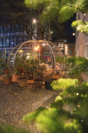 An illuminated dome at night near a half-timbered house, surrounded by plants and low light, Gastro Bubbles, Sindelfingen, Germany