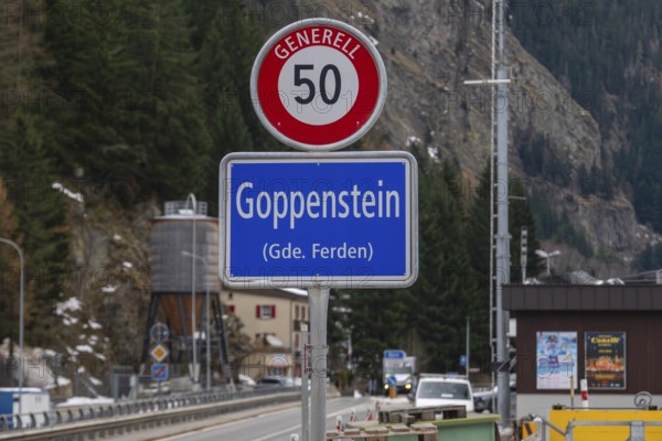 Ortsschild Goppenstein Temppolimit 50, Goppenstein, Valais, Switzerland