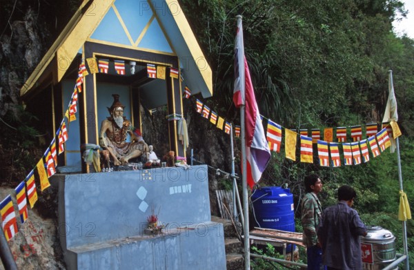 Half way up prayer shrine, Wat Tam Sua monastery, which is partly on the top of a mountain, Krabi, Thailand, December 2002, vintage, retro, old, historic
