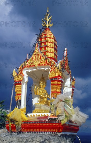 Shrine in Wat Tam Sua monastery, which is partly on the top of a mountain, Krabi, Thailand, December 2002, vintage, retro, old, historic