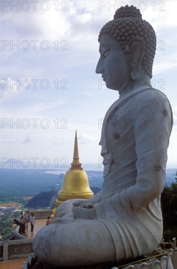 Buddha statue and chedi in Wat Tam Sua monastery, which is partly on the top of a mountain, Krabi, Thailand, December 2002, vintage, retro, old, historic