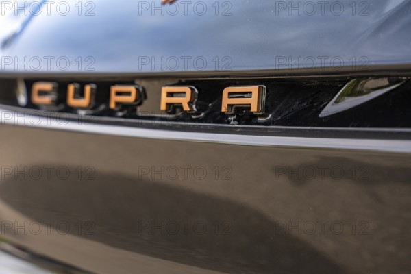 Detailed view of shiny lettering in copper paint on a car, Cupra electric car, e-car sharing, Calw, Germany