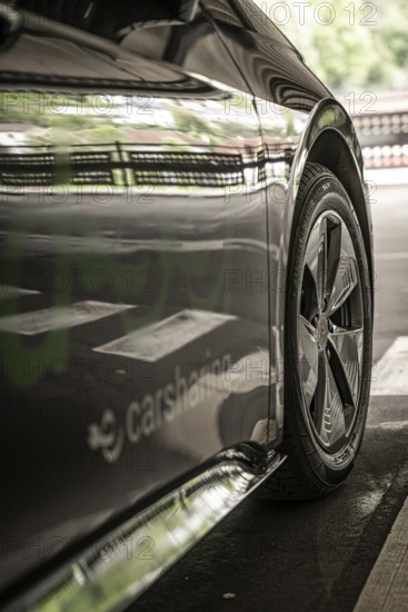 Close-up of a car with reflections and distinctive details, Cupra electric car, e-car sharing, Calw, Germany