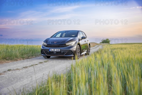 A Cupra drives along a rural path surrounded by fields and an impressive sunset in the background, Cupra electric car, e-car sharing, Calw, Germany
