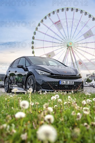 Car in a meadow with Ferris wheel in the background and flowers in the foreground, electric car Cupra, e-car sharing, Calw, Germany