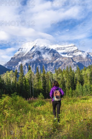 Female hiker walking through a meadow toward the majestic mount robson, the highest peak in the canadian rockies, enjoying the stunning beauty of british columbia