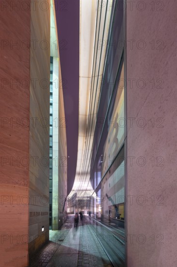 Evening reflection in the glass façade of the Neues Museum, State Museum of Art and Design, Nuremberg, Middle Franconia, Bavaria, Germany