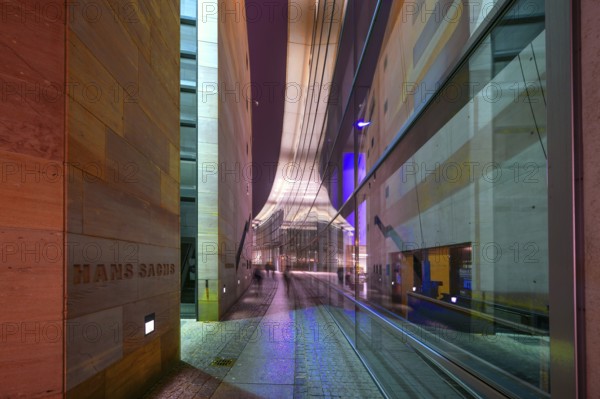 Evening reflection in the glass façade of the Neues Museum, State Museum of Art and Design, Nuremberg, Middle Franconia, Bavaria, Germany