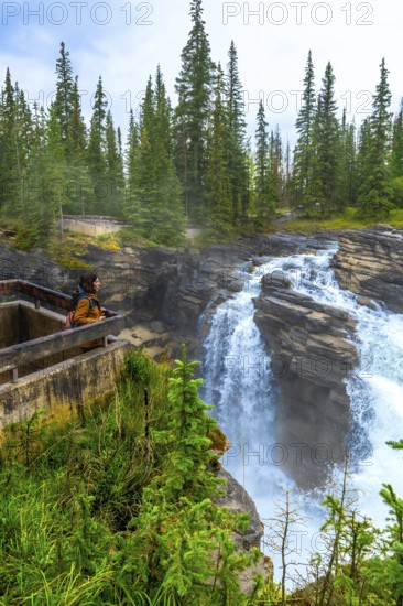 Female tourist admiring powerful athabasca falls plunging into a canyon surrounded by lush pine forest in jasper national park, alberta, canada