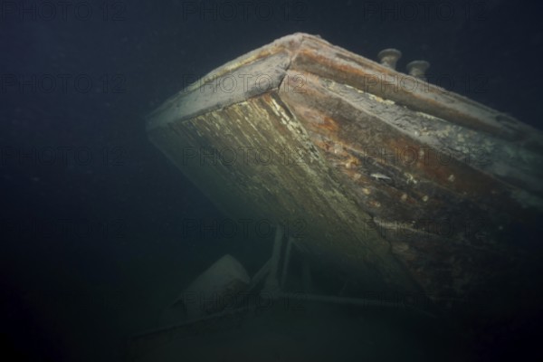 Ledi wreck, wreck of a Ledi ship, cargo ship for mass freight, bulk cargo taken at night in Lake Walen. Tauchplatz Känzeli, Mols, Canton of St. Gallen, Switzerland