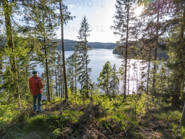 A man hiking through the spruce forest looks at the reservoir of the Eibenstock drinking water dam, Ore Mountains, Saxony, Germany