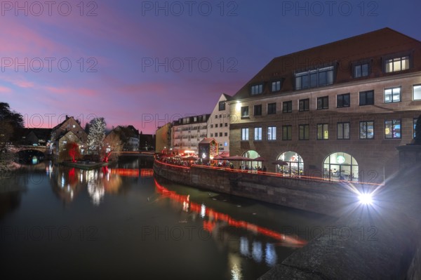 Evening view of Pegnitz with Karlsbrfücke, on the right the former slaughterhouse, today café, Nuremberg, Middle Franconia, Bavaria, Germany
