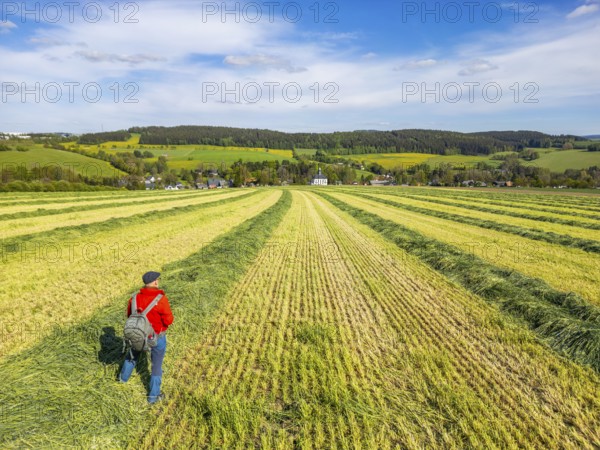 Aerial view, drone photo: Hiker standing in a freshly mown field with a view of Schwarzbach church, town of Elterlein, Ore Mountains, Saxony, Germany