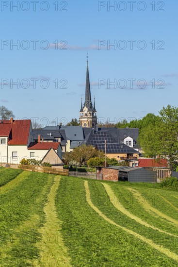 View across a mowed field to St. Lawrence Church and houses in the town of Elterlein, Ore Mountains, Saxony, Germany