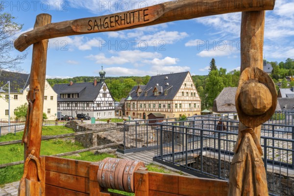 Ruins of the Saigerhütte, half-timbered house historic tavern and house of the grower, today hotel, museum Saigerhütte Grünthal, Olbernhau, Ore Mountains, Saxony, Germany