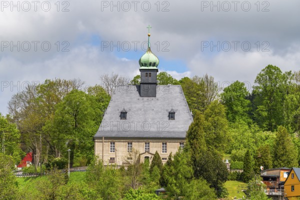 Oberneuschönberg mountain church with large slate roof, Olbernhau, Ore Mountains, Saxony, Germany