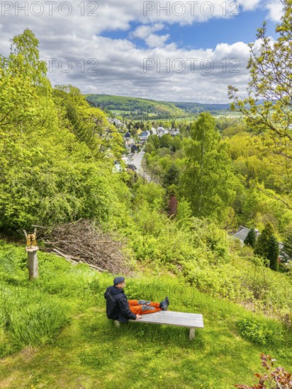 Aerial view, drone photo: Hiker on a bench looking out over the Flöha Valley, Oberneuschönberg, Olbernhau, Ore Mountains, Saxony, Germany