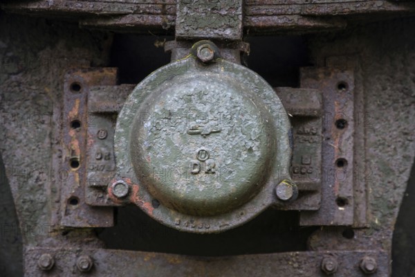 Detailed view of the axle of an old railway wagon near the former Bresewitz station, near Zingst, Mecklenburg-Western Pomerania, Germany