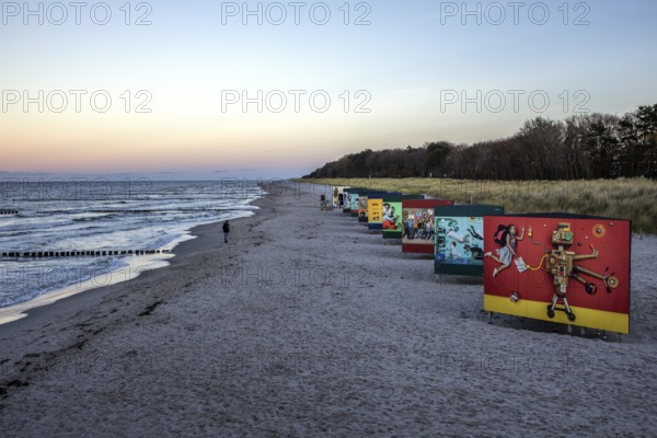 Advertising posters on the beach in Zingst, Fischland-Darss-Zingst, Western Pomerania Lagoon Area National Park, Mecklenburg-Western Pomerania, Germany