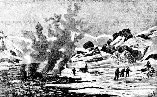 The rapids of the large fish river in Siberia, Ob or Yenisei, people of the East Yaks, ice climate, freezing cold, group in snow-covered mountain landscape, fish-rich river, rising water columns, sled, Russia, historical illustration, 19th century