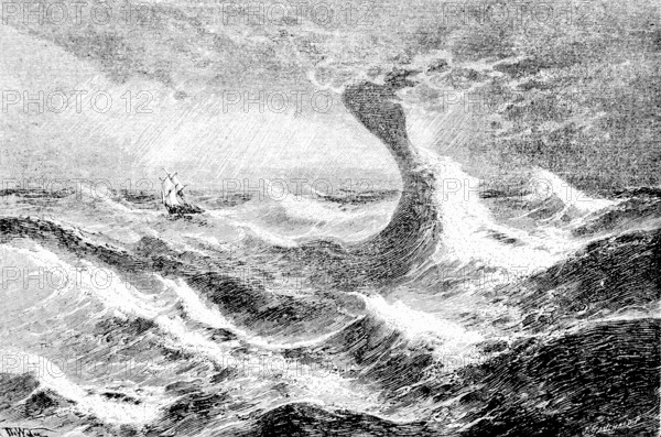 Storm Trombe at sea, open sea, meteorology, stormy weather, hurricane, high wind speed, extremely high waves, danger, spray, swell, sailboat, distress at sea, falling wave, rain, precipitation, historical illustration, 19th century