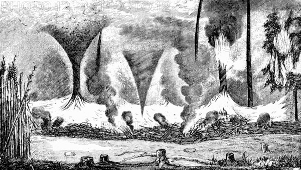 How whirlwinds arise over burning cane bushes, fire, lakeside, thatch, nature, warmth, rising warm air, formation of winds, meteorology, law of nature, air column, smoke, historical illustration, 19th century