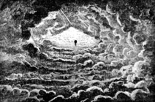 Cloud vault observed by Tiffandier on April 13, 1868, cloud formation, appearance, circular arrangement, meteorology, weather balloon, measurement, research, rare cloud formation, sun rays, sky, climate, historical illustration, 19th century